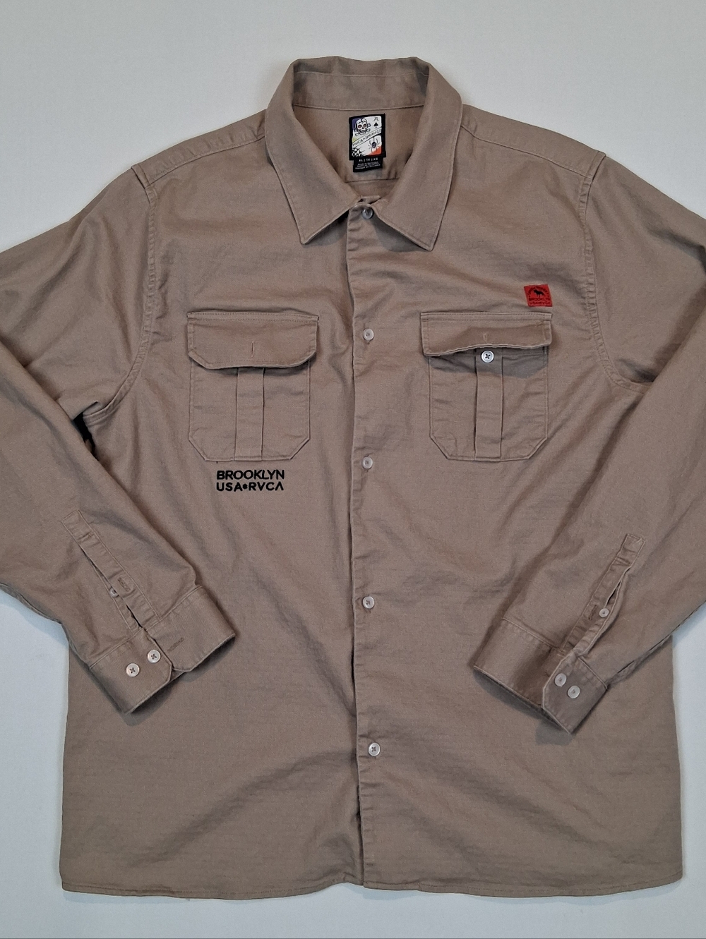 RVCA x Smith Street Tattoo Brooklyn Button Up Shirt Mens XL Y2k Streetwear Khaki